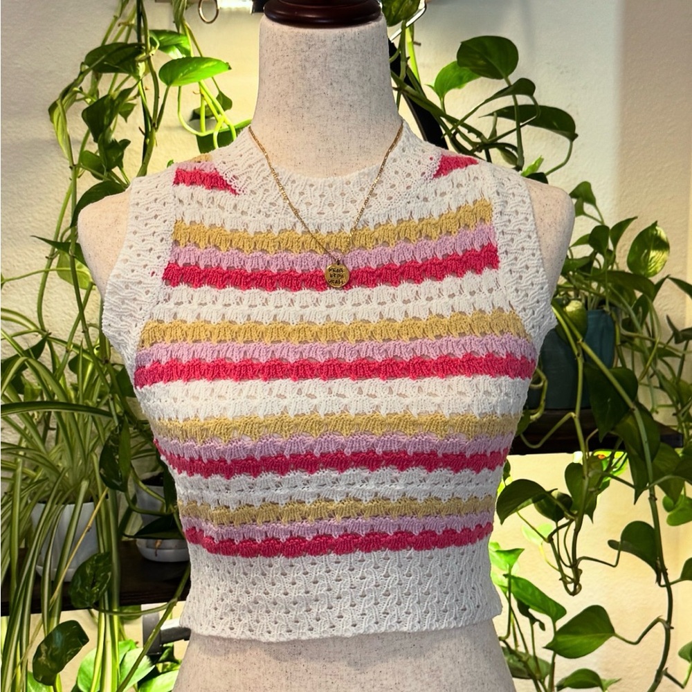 SHEIN White, Pink, and Yellow Striped Knit Top